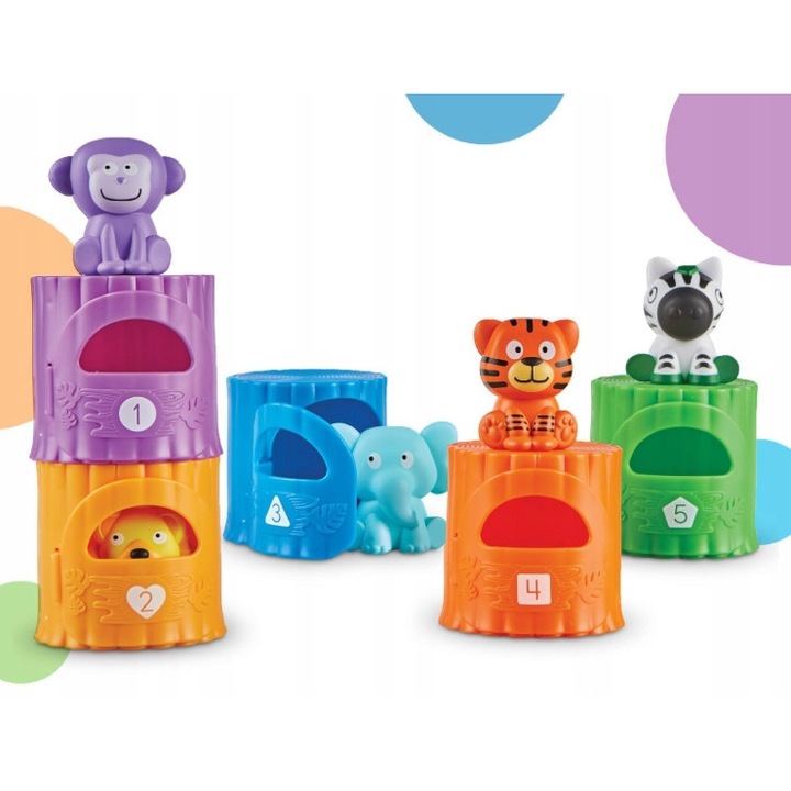 Interaktív játékszett gyerekeknek, 5 dzsungelállat, logikai készségek fejlesztése, színek, biztonságos méretek 18 hónapos kortól