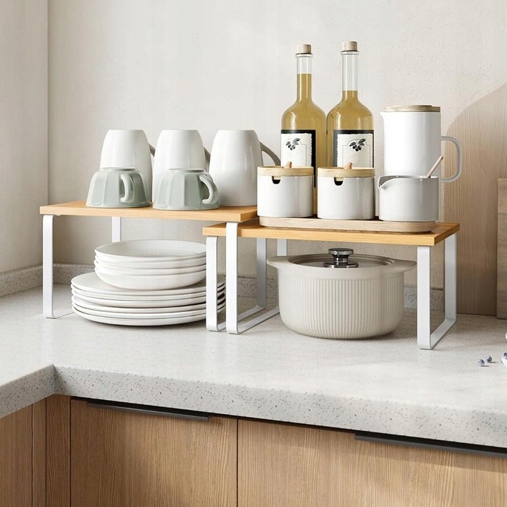 Set 2 Rafturi Organizatoare pentru Bucatarie, Metal Alb si Bambus Natural, Dimensiuni 29,7x19,5x15,5cm si 29,7x18,5x13,6cm