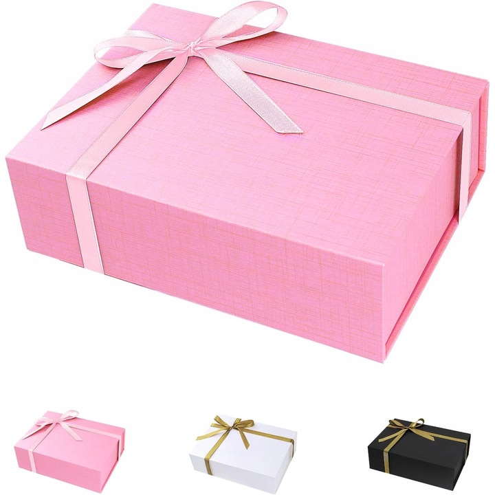 Cutie de cadou roz cu capac magnetic, 26x18x7,5 cm, set cu funda si hartie decorativa