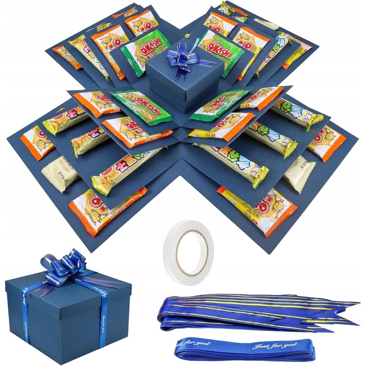 Cutie surpriza exploziva 5 straturi, 23x23x16cm, albastra, set cu panglici si banda dublu adeziva