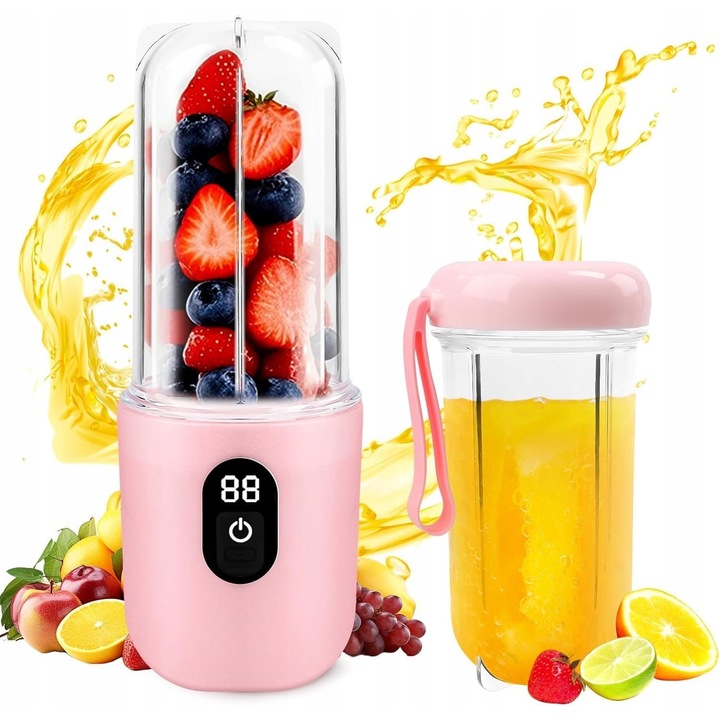 Blender electric portabil, 40W, roz, 500ml, set de curatare automata