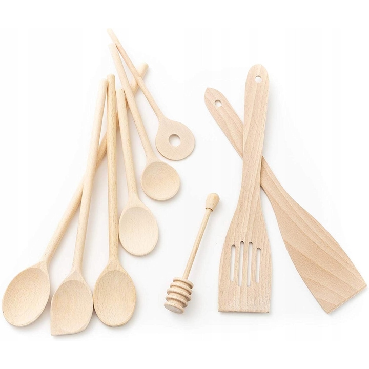 Set ustensile de bucatarie din lemn de fag, 9 piese, natural, pentru gatit si coacere