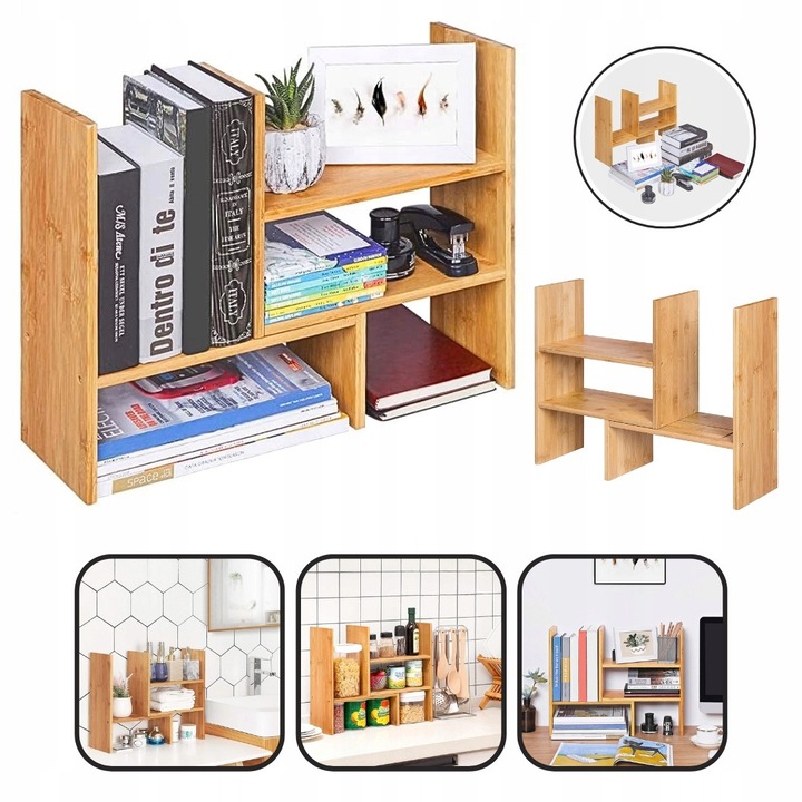 Raft organizator din bambus, 2 sau 3 niveluri, pentru birou, bucatarie, baie, natural