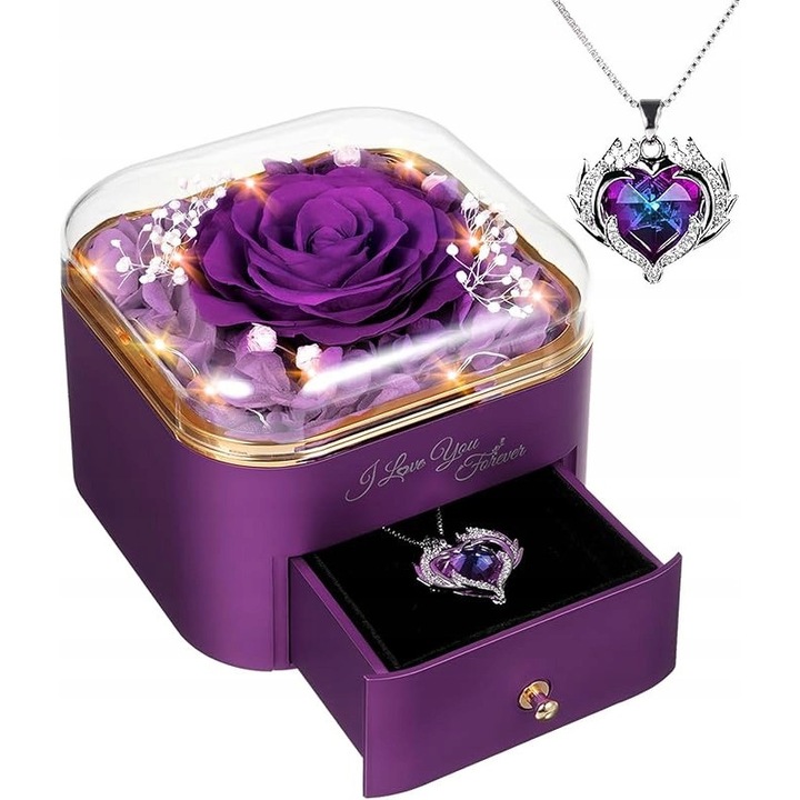 Kriogenizált rózsa szett szív medállal és angyalszárnyakkal, lila