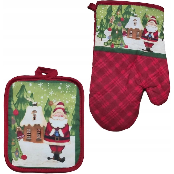 Konyhai kesztyű szett, 2 darabos, ünnepi Mikulás mintával, 220C-ig hőálló, 17x27cm és 20x17cm
