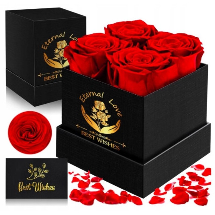 Trandafiri eterni in cutie, 4 trandafiri conservati, cutie eleganta neagra