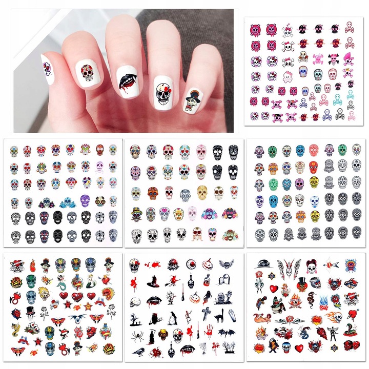 Комплект от 7 3D стикера за нокти за Хелоуин, Konsait, различни модели, многоцветни