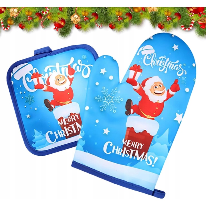 Konyhai kesztyű szett, 2 darabos, magas hőmérsékletnek ellenálló, kék, 25x17cm, 17x17cm