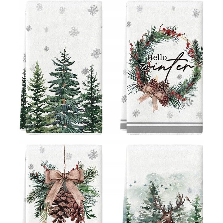 Konyharuha szett, 4 darab, 42x65 cm, rénszarvas és fa mintákkal, színes