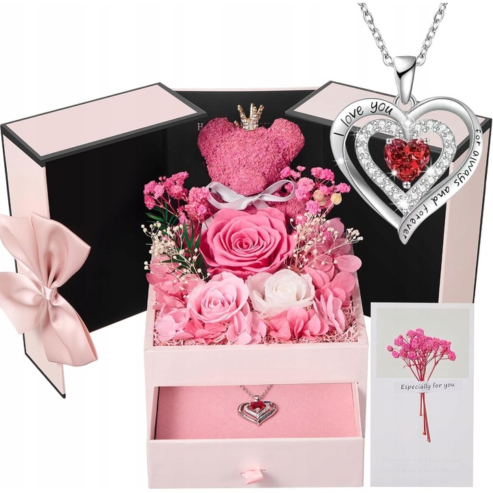 Virágkompozíció és szív nyaklánc szett, díszdoboz, rózsaszín