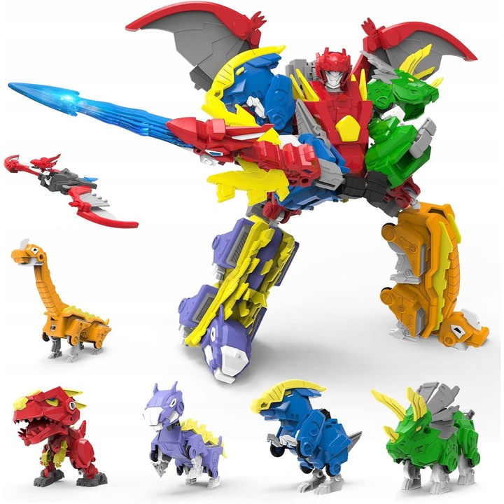 Комплект фигурки динозаври 6 в 1, трансформируеми, 10 инча, многоцветни, ABS материал, за деца 6-9 години