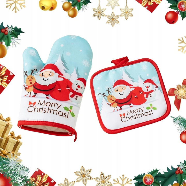 Konyhai kesztyű szett tartóval, hőálló, ünnepi design