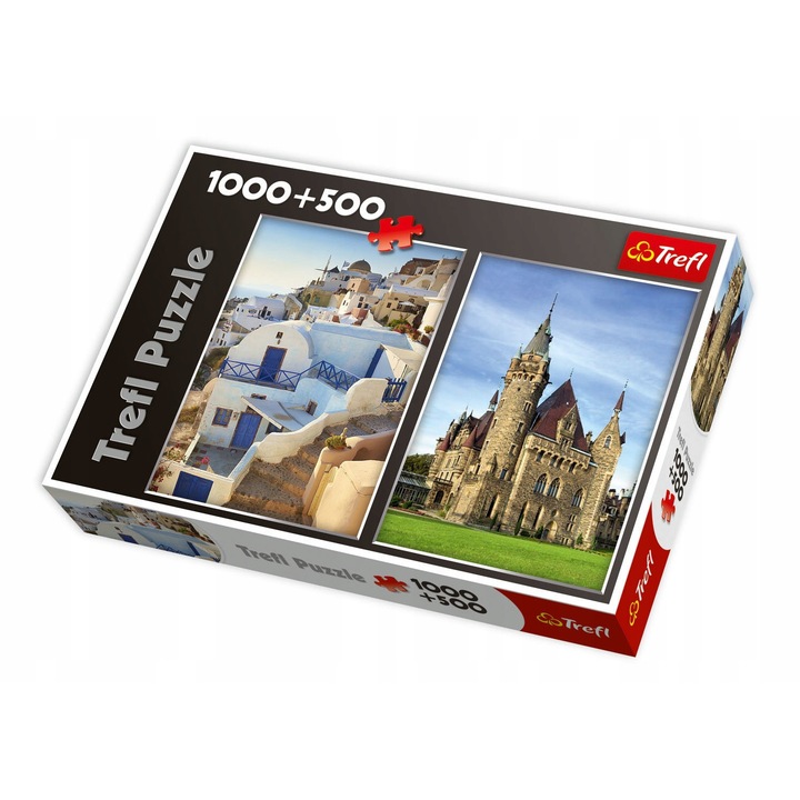Puzzle 2w1 Trefl Santorini Grecia si Zamek Moszna, 1500 elemente, 68x48cm, 48x34cm