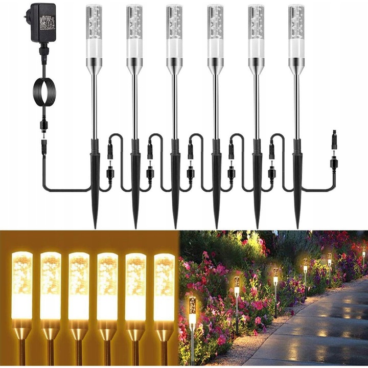 Set 6 felinare LED pentru gradina, 570LM, 2700K, IP65, cablu 8m