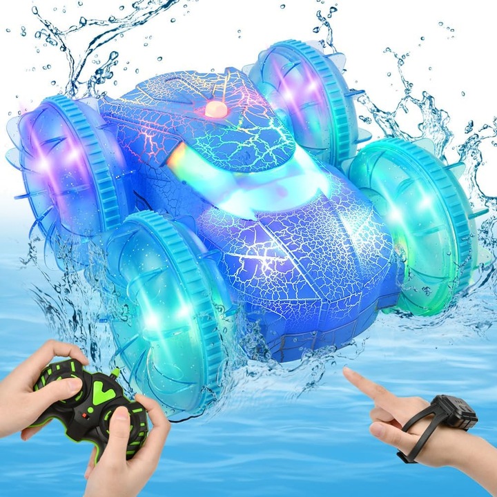 Masinuta amfibie cu telecomanda, 360°, LED, 2 moduri de control, 45 min autonomie, 2,4 GHz, pentru apa si teren uscat