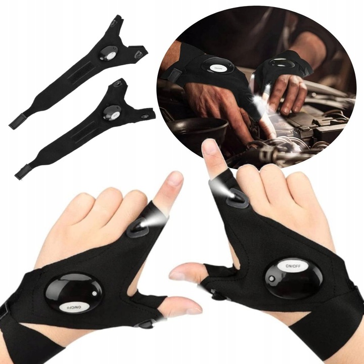 Set de manusi cu lanterna LED, 2 bucati, material bumbac, portabile, negru