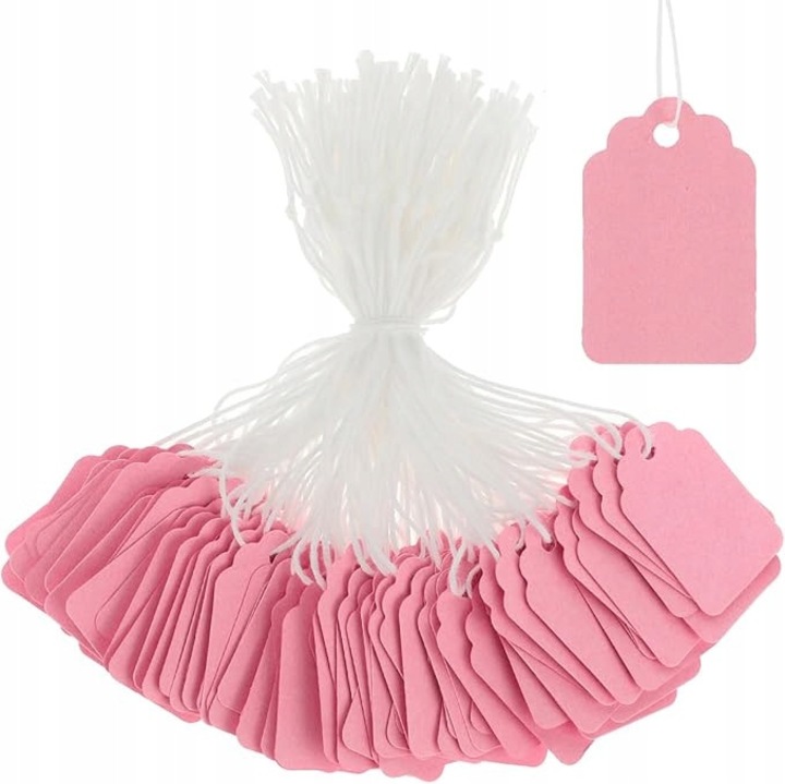 Комплект от 200 етикета за подаръци/цени, хартиени, 4.5x3.5см, с канап, издръжливи, розови