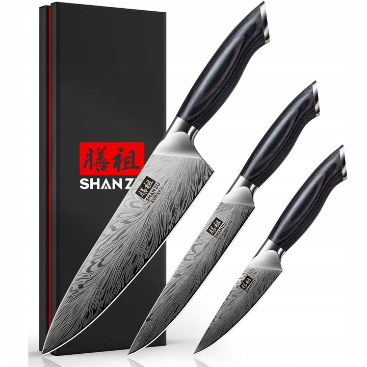 Set de cutite SHAN ZU, 3 piese, otel japonez, tais extrem de ascutit, 20x15x9,5cm
