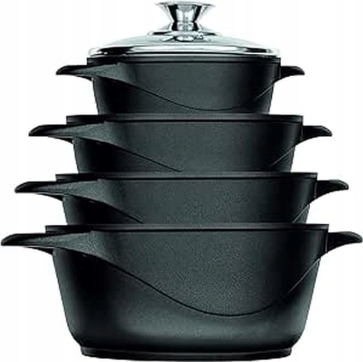 Set oale Smile, 4 piese, aluminiu cu capac, interior antiaderent, 16x8cm, 20x9,5cm, 24x11,5cm, 28x12,5cm, cu manusi silicoane