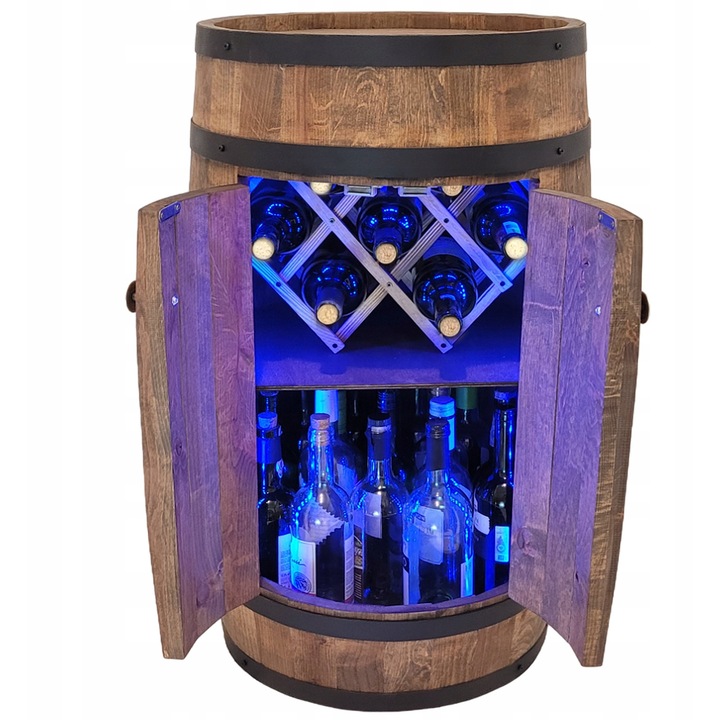 Bar rustic din lemn pentru sticle, forma de butoi, iluminare RGB, 80x50cm, maro inchis