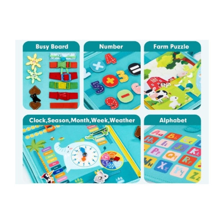 Tabla educationala senzoriala, 15 activitati, pentru copii 2-4 ani, compacta, multicolor