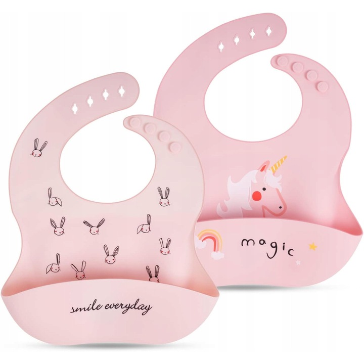 2 db szilikon előke babáknak, rózsaszín, 100% puha szilikon, állítható, BPA-mentes