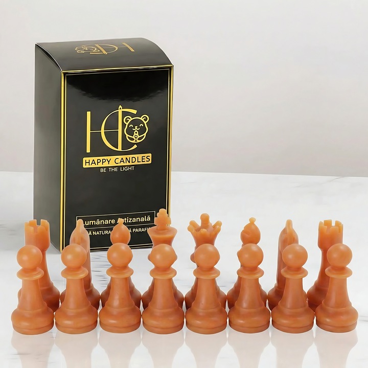 Декоративни свещи от естествен пчелен восък, Happy Candles, Комплект шах 16 части, Тиква, Ръчна изработка, 506гр