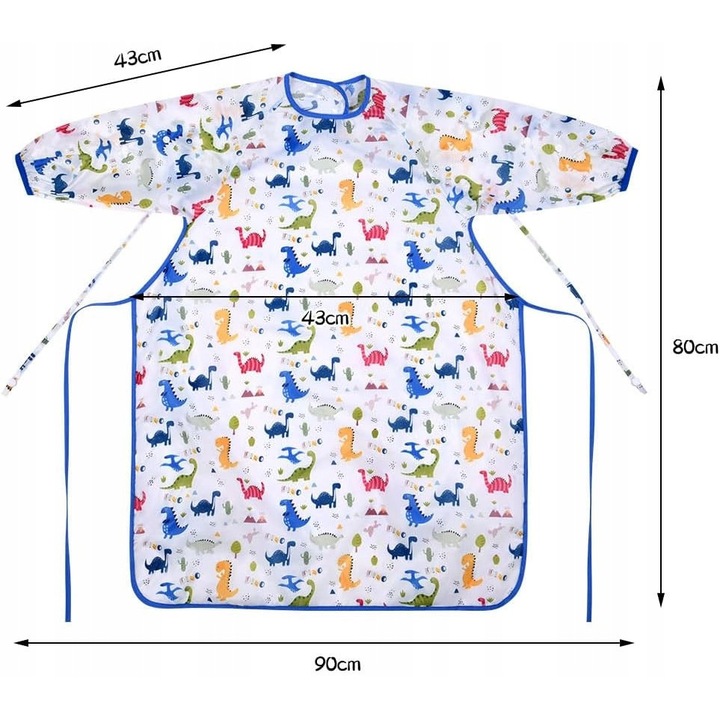 Baba előke, dinoszaurusz mintás, 90x80cm, poliészter + TPU anyag, vízálló, 6-36 hónapos korig