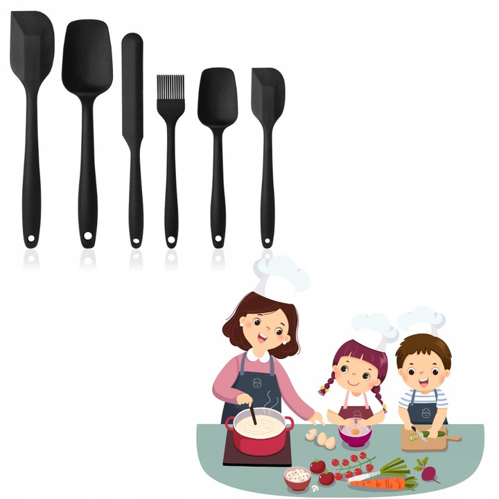 Set 6 ustensile de bucatarie din silicon, Vicloon, rezistente la temperaturi de pana la 230C, negru