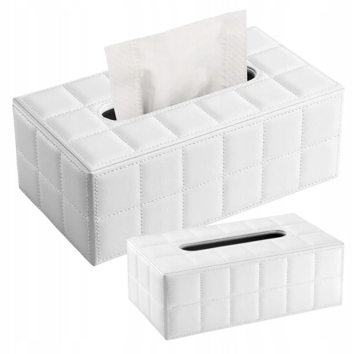 Cutie pentru servetele din piele PU, design minimalist, culoare alba, pentru birou si acasa