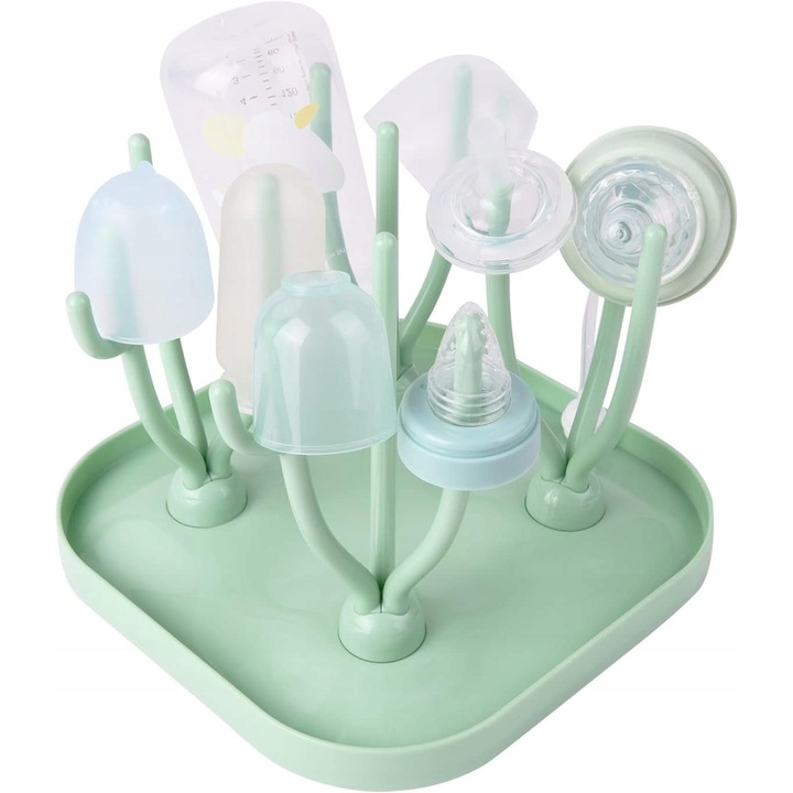 Suport pentru uscare biberoane si suzete, verde, 25x22x2,5cm, cu tava detasabila