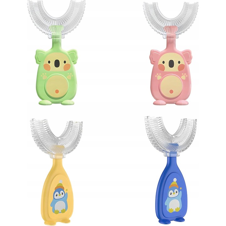 Gyermek fogkefe szett, 4 darabos, U alakú, szilikon, többszínű, 1-12 év