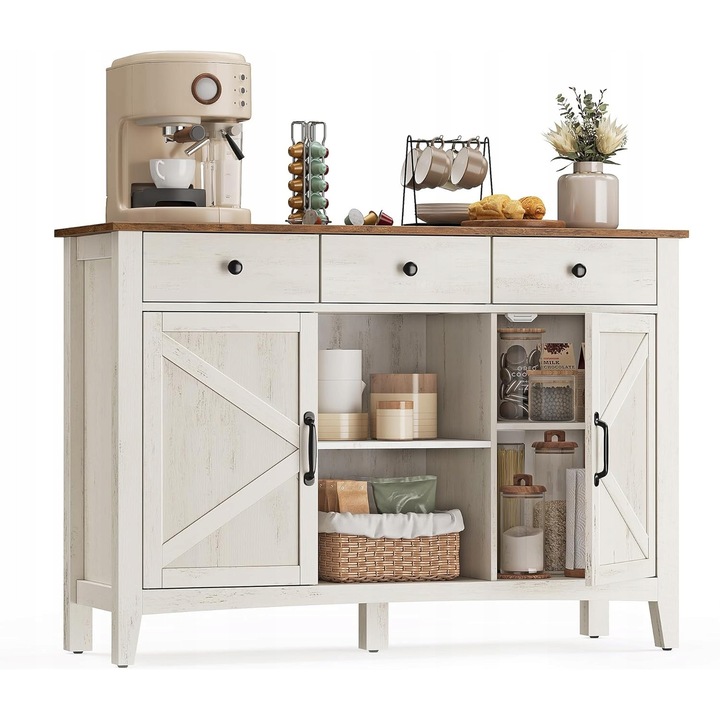 Dulap bucatarie, vintage, alb/maro, 3 sertare, 5 niveluri reglabile