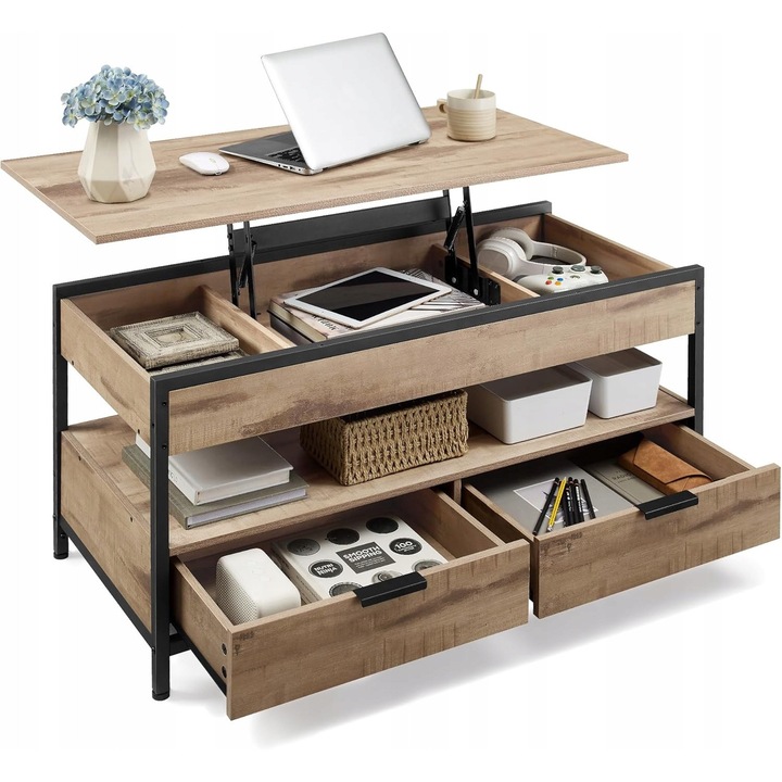 Mese, masa de cafea cu blat ridicat, 110x60x48-63cm, brun vintage, 2 sertare, 3 compartimente ascunse