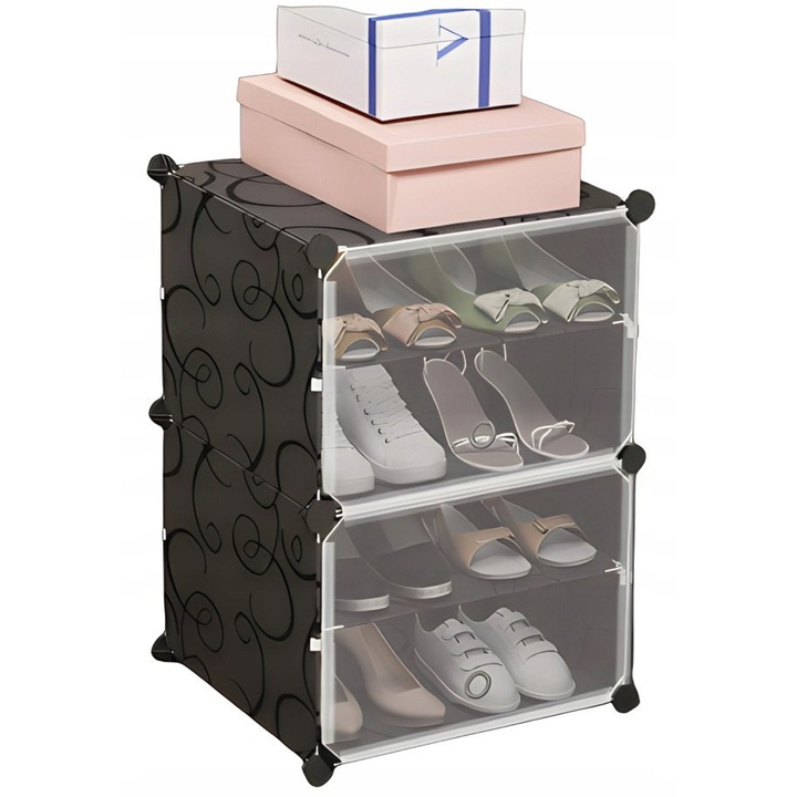 Cipőtároló, 4 szintes, fekete, 42x62x32cm