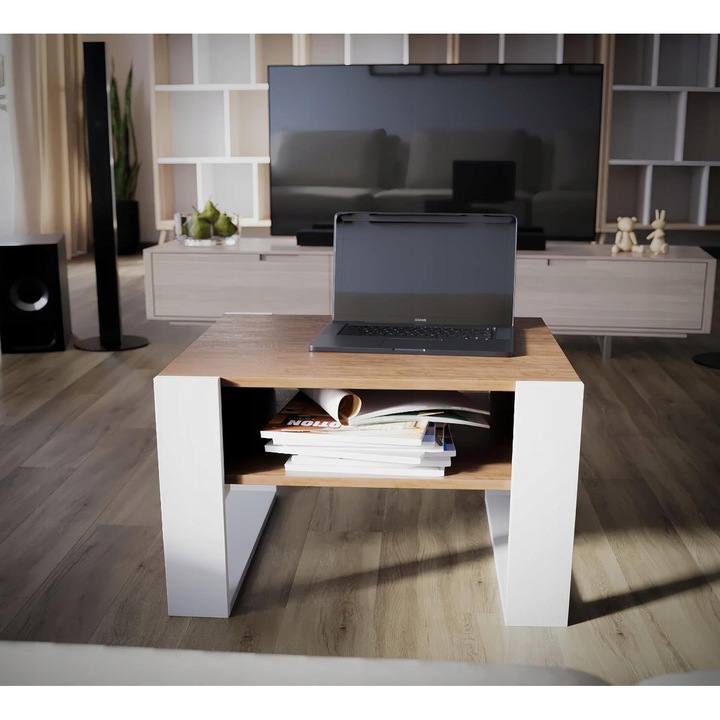 Маса, малка, модерна холна маса, с място за съхранение, 65x45см, естествен/дървесен цвят