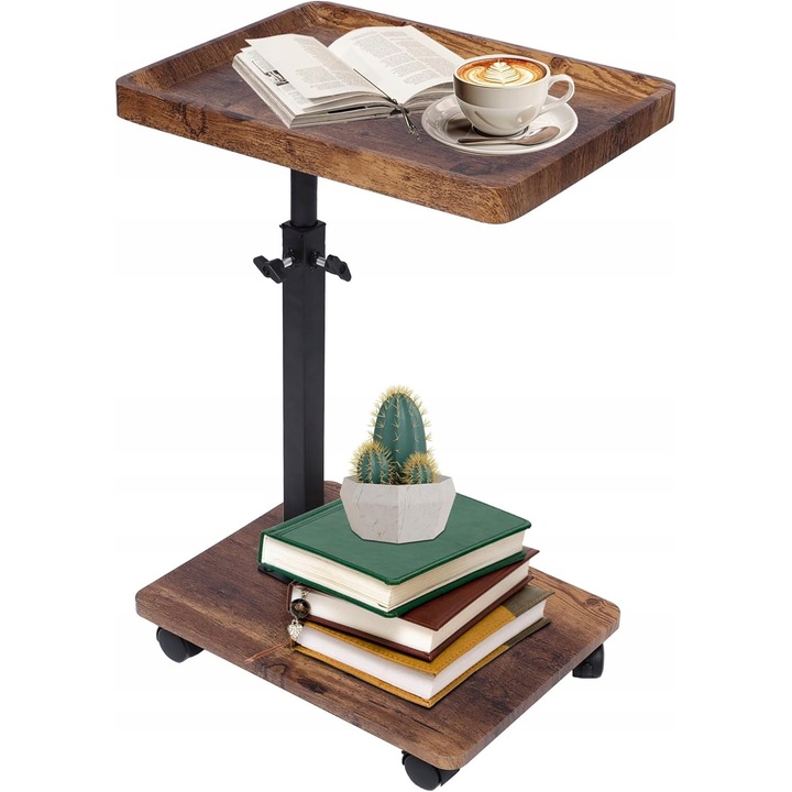 Малка винтидж дървена маса, регулируема височина, въртящ се на 360 градуса плот, кафяв цвят, 30x40cm