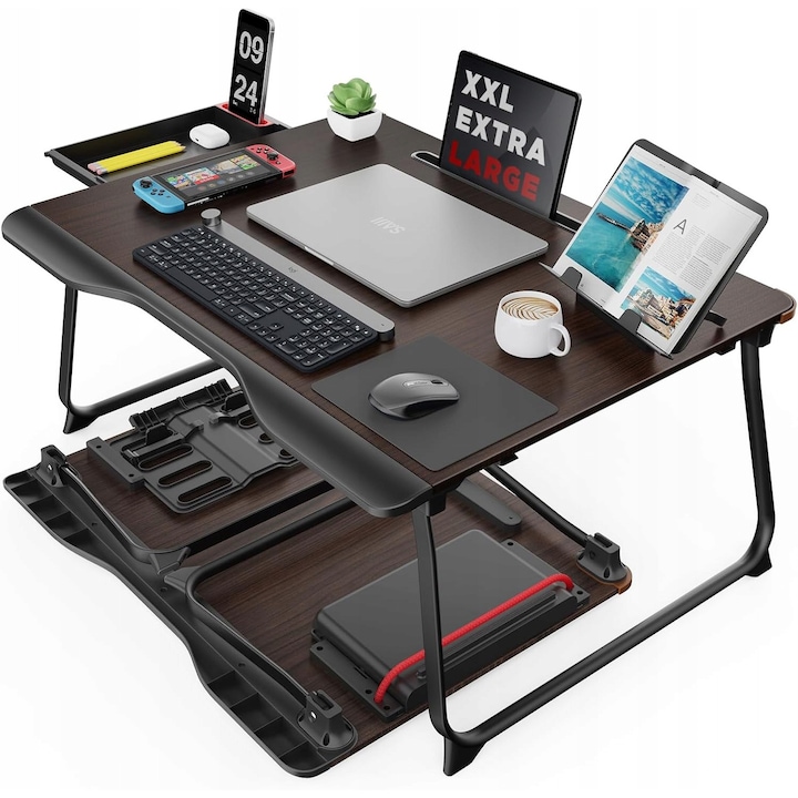 Masuta pentru laptop cu sertar, design ergonomic, negru, 65x44x30 cm