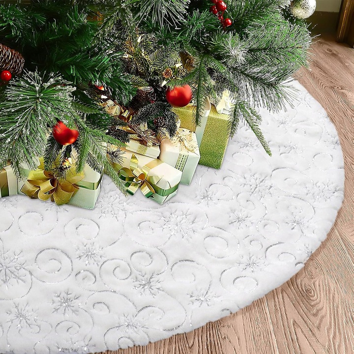 Fusta de brad din blana artificiala, 122 cm, argintie, cu model fulgi de zapada