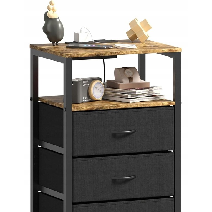 Mese de noapte cu incarcare, vintage bronz, 2x AC, 2x USB, 40x30x63cm, 1 sertar, 4 roti