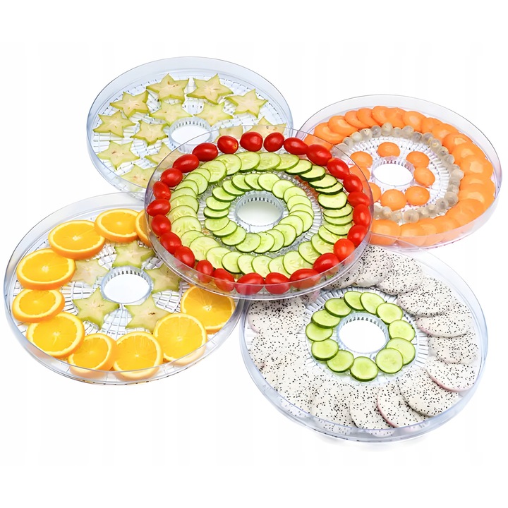 Deshidrator de alimente, 500W, 5 tavi, 9 litri, temperatura reglabila 35-70C, silentios, ideal pentru fructe, legume, carne, ciuperci