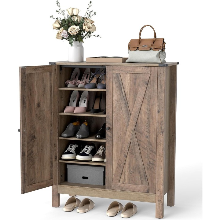 Dulap pantofi, 5 niveluri, 3 polite reglabile, design rustic, culoare brown, dimensiuni adaptate pentru hol