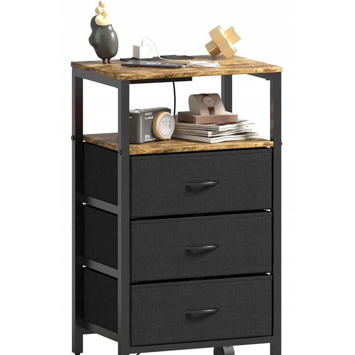 Noptiera, 3 sertare, vintage brun + negru, 40x30x73cm, cu incarcare USB