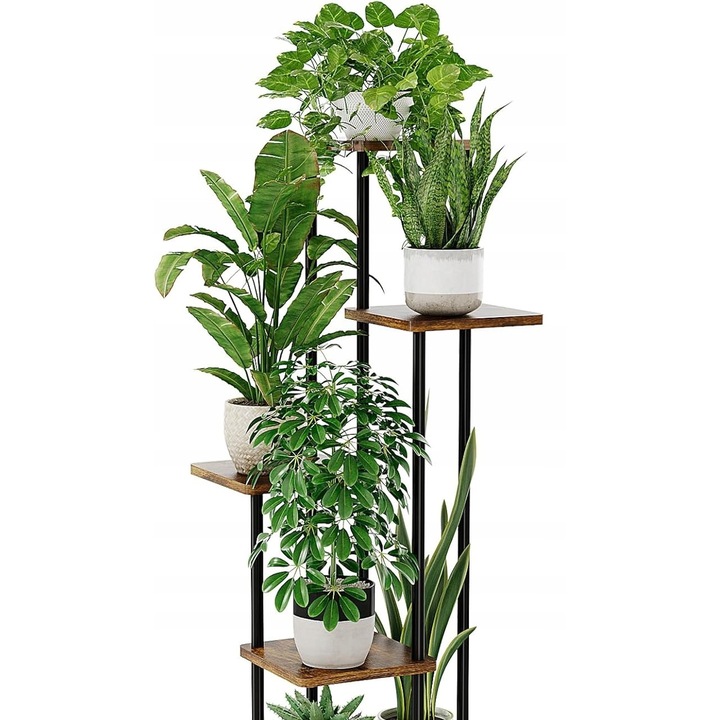Suport pentru plante tip scara, 5 niveluri, lemn + metal, 47x47x106,7cm, culoare maro