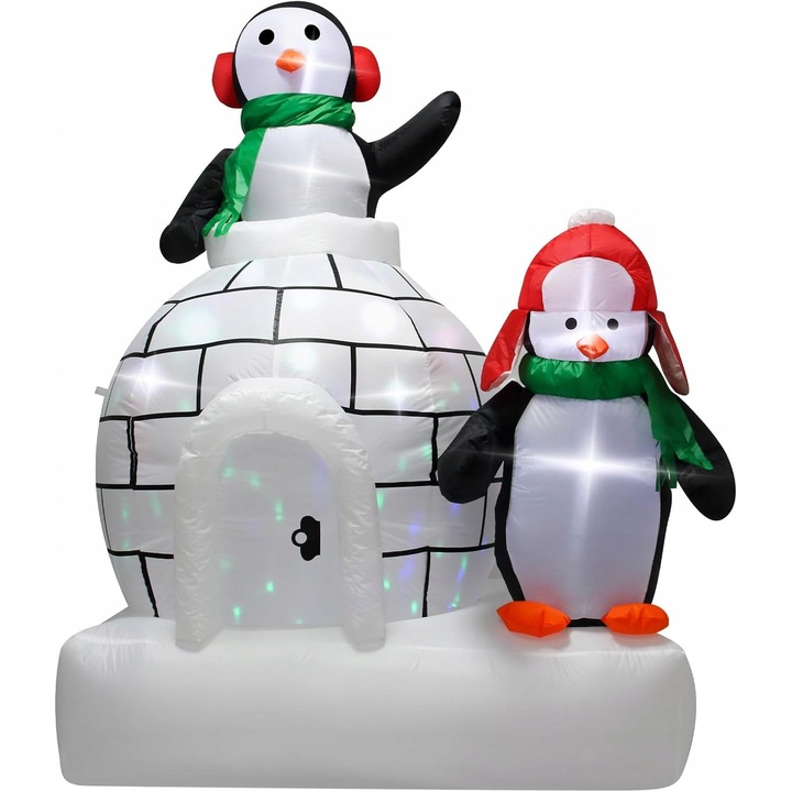 Decoratiune de Craciun gonflabila cu LED-uri, pingvin cu iglu, 2,1 m, usor de instalat