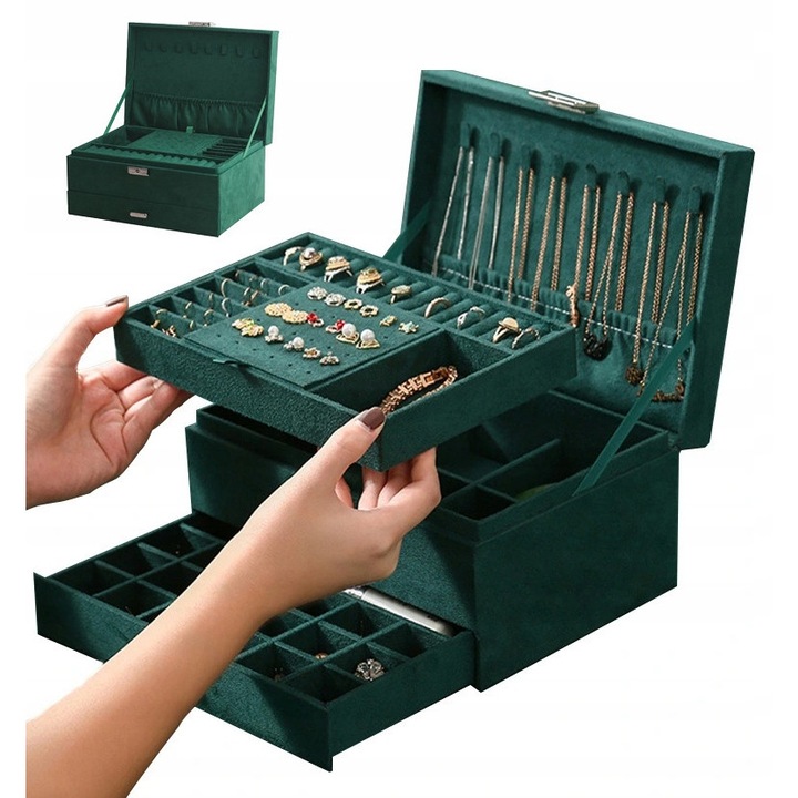 Кутия за бижута Soulima, зелена, 11,5x24x17см, с чекмедже и огледало