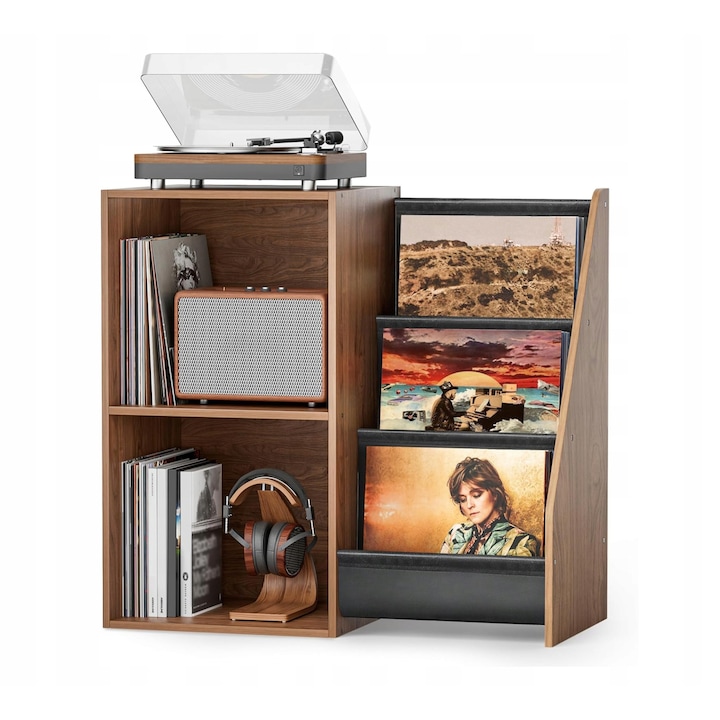 Stativ pentru gramofon si colectie de viniluri, 3 polite, capacitate 220 albume, design stabil, fara vibratii, culoare conform ofertei