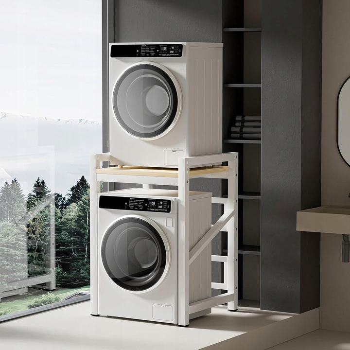 Fehér fém polc mosodához, 3 szintes, 300 kg teherbírás, állítható