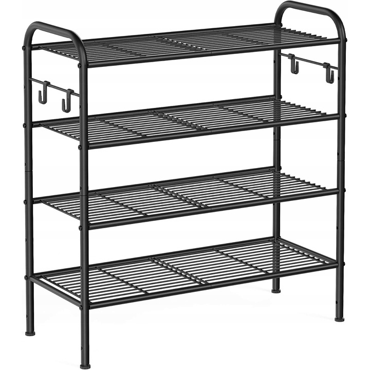 Fém cipőtartó, 4 szintes, fekete, 68x28x70cm, 4 oldalsó kampóval, 10kg teherbírás szintenként