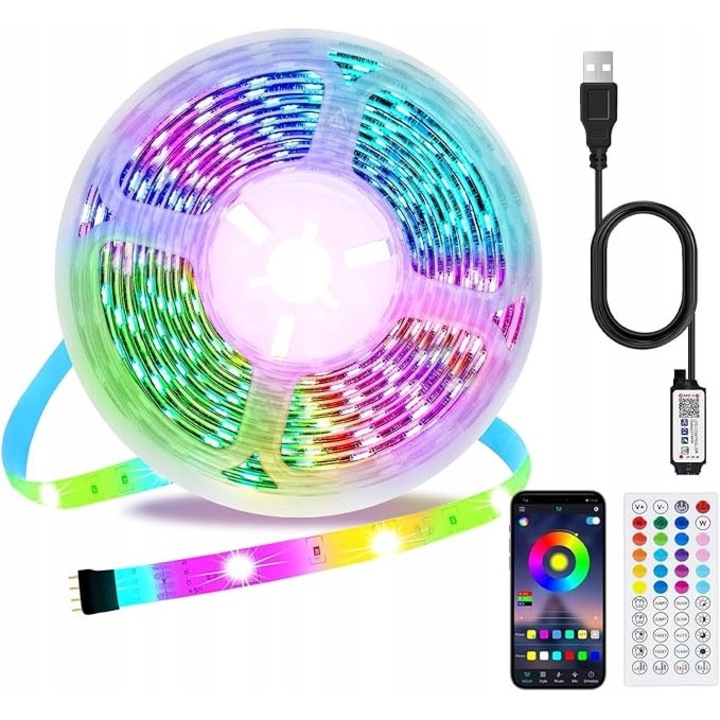 Benzile LED 5m, iluminare TV, functie muzicala, sincronizare, autoadeziva, multicolor